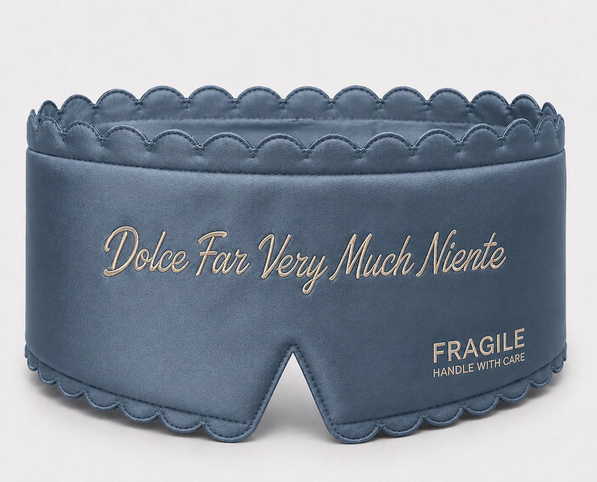 Fragile satin sleep mask in Slate blue, embossed texture with champagne embroidered script